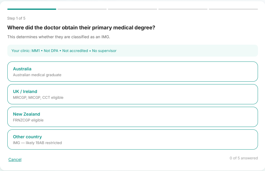 The Lumi Clinic eligibility checker, step one of five, showing the clinic’s own MM classification, DPA status, accreditation and supervisor status above the question.